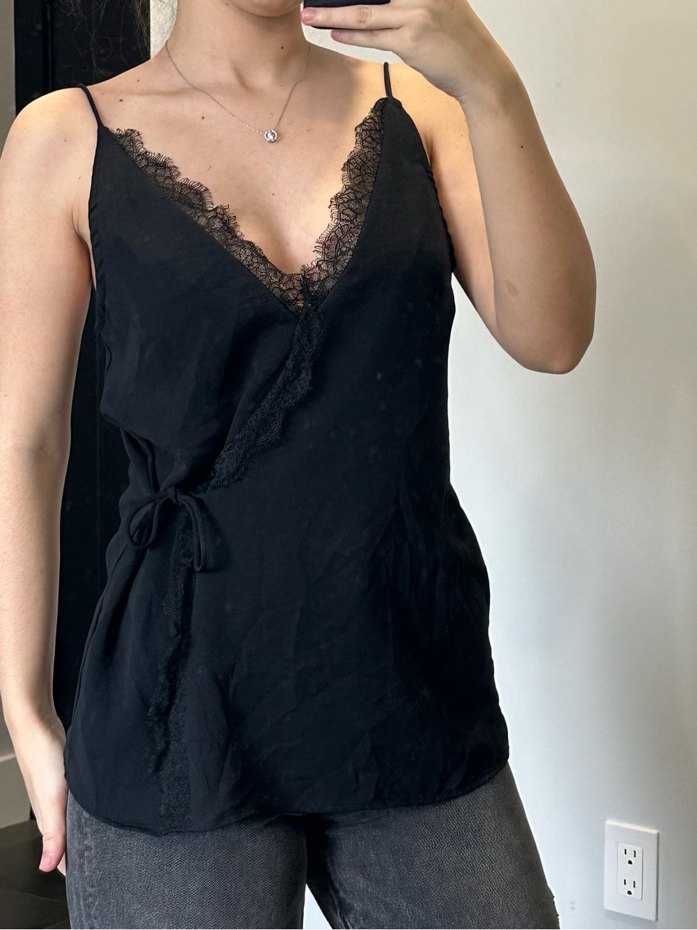 Mango Black Lace-Trim Wrap Cami